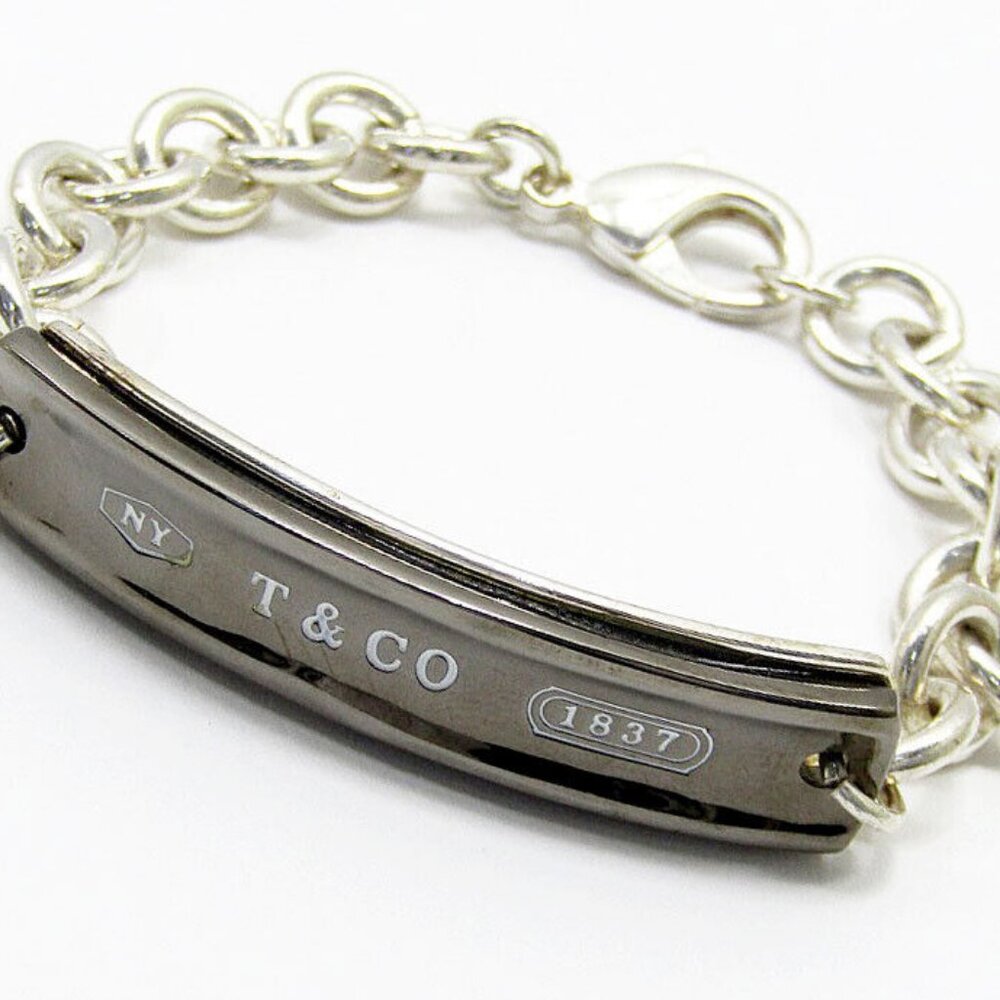 Tiffany & Co. 1837 Titanium Bar Chain Bracelet 7" Silver 925 Auth w/Bag k1041